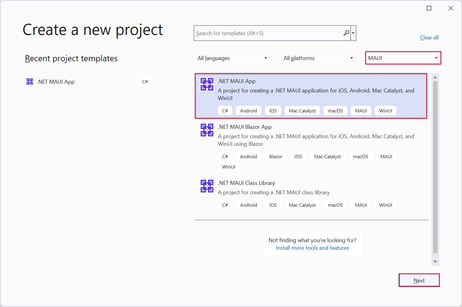 A screenshot of the Create a new project dialog box. The user has selected the .NET MAUI App template.